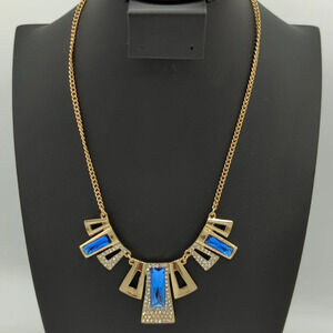 Gold Plated Geometric Simulated Sapphire and Zircon Clavicle Necklace